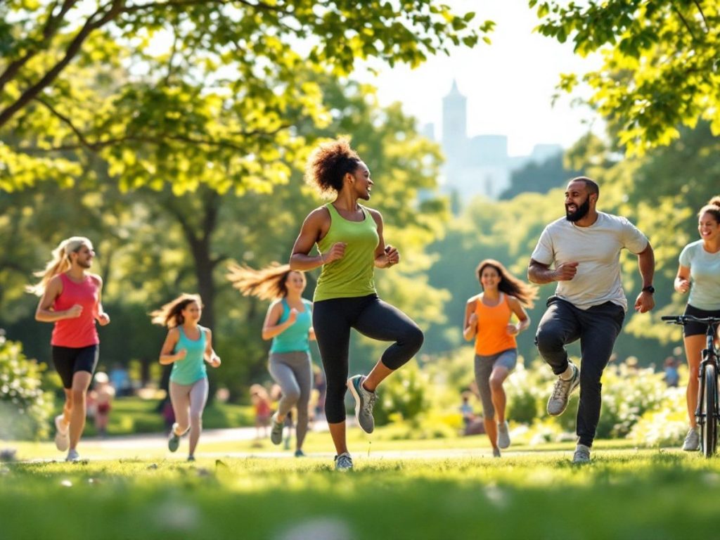 Persoane diverse făcând exerciții fizice în parc.