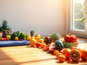 Fructe și legume proaspete pe un covor de yoga.