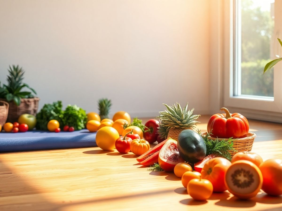 Fructe și legume proaspete pe un covor de yoga.