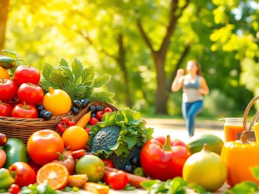 Scenă cu fructe, legume și exerciții în natură.