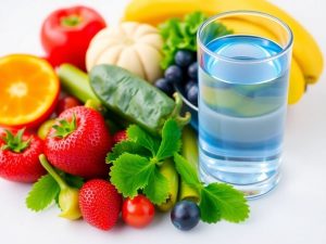 Masă sănătoasă cu fructe și legume proaspete.