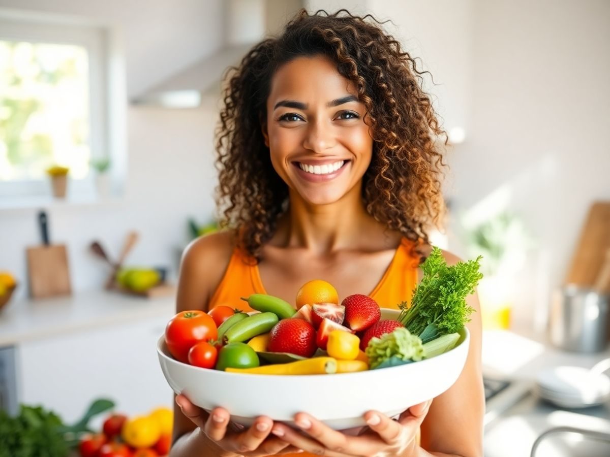 Femeie zâmbitoare, energică, într-o bucătărie luminoasă, cu alimente proaspete.