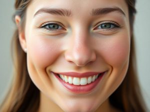 O față luminoasă a unei femei tinere, zâmbitoare, cu pielea curată