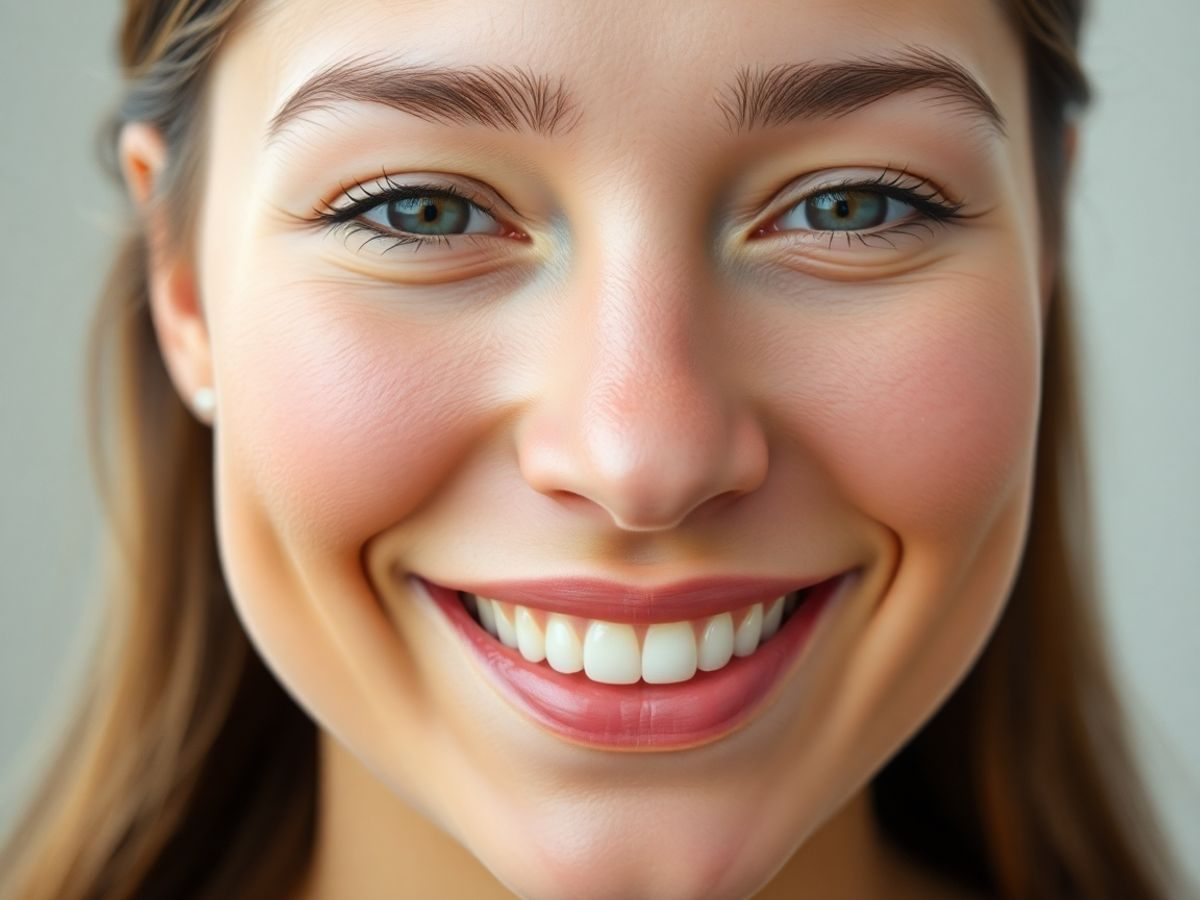 O față luminoasă a unei femei tinere, zâmbitoare, cu pielea curată