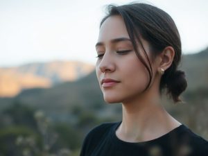 O persoană calmă respirând adânc într-un peisaj natural senin.