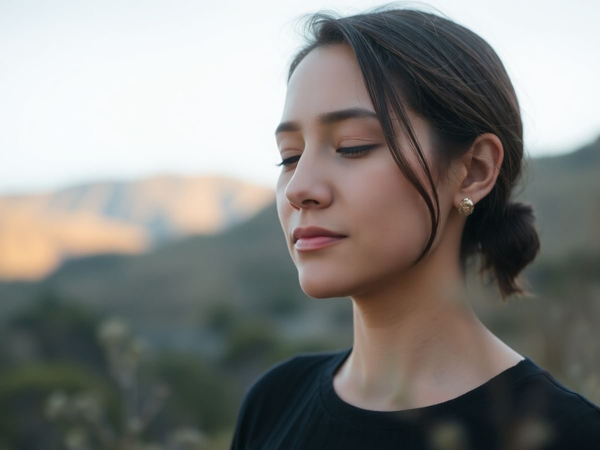 O persoană calmă respirând adânc într-un peisaj natural senin.