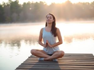 Tânără meditează pe ponton cu ochii închiși lângă lac dimineața