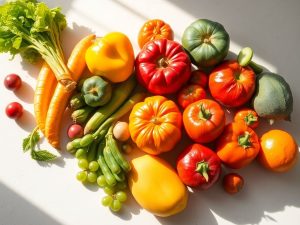 Fructe proaspete și legume pe o masă curată.