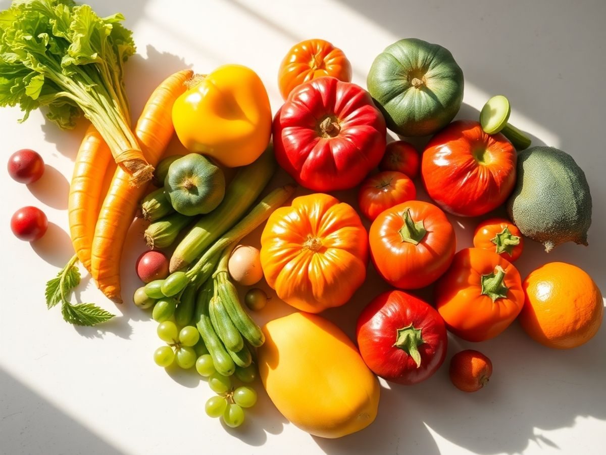 Fructe proaspete și legume pe o masă curată.