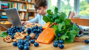 Mâncare sănătoasă pe masă lângă o persoană concentrată.
