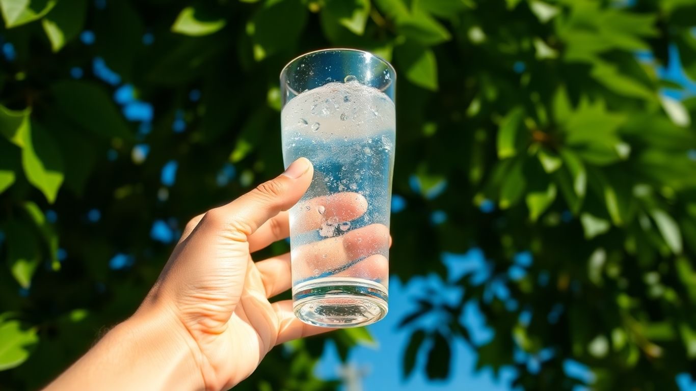 Persoană savurând un pahar plin cu apă proaspătă.