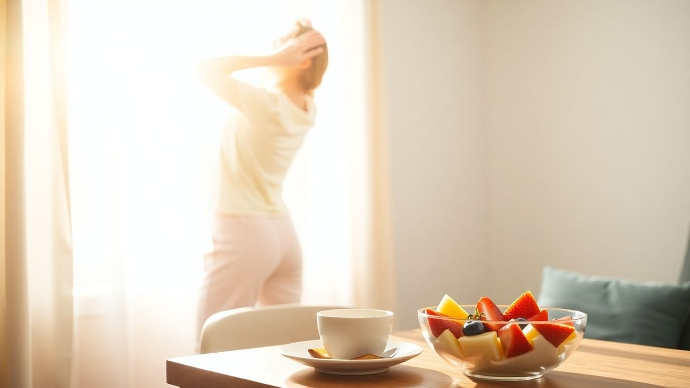 Persoană întinzându-se lângă fereastră dimineața.