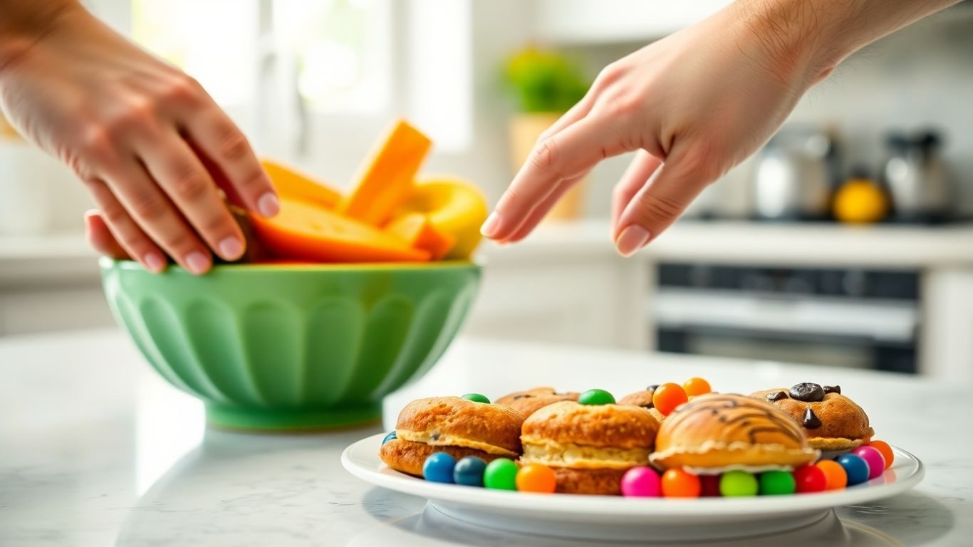 Mână evitând dulciurile în favoarea fructelor proaspete