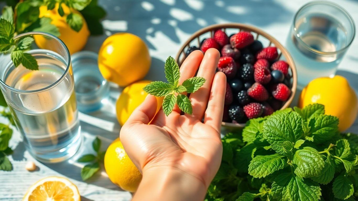 Fructe proaspete, legume verzi și apă pentru detoxifiere.